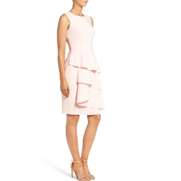 ELIZAJ Ella Ruffle Cascade Crepe Sheath Dress In Blush - Picture 1 of 14